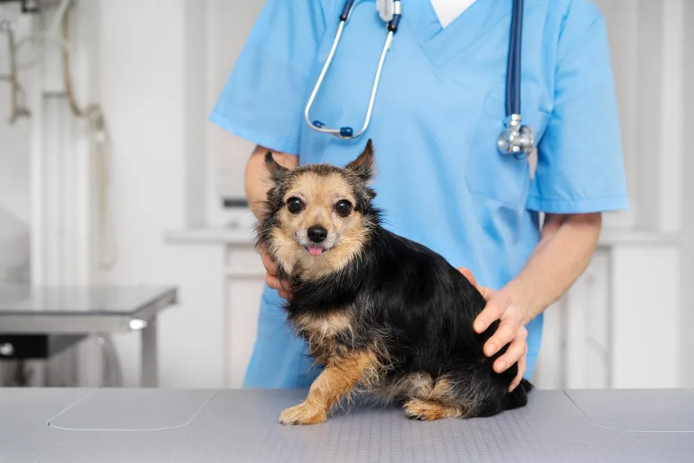 Small dog on an exam table with a veterinary nurse