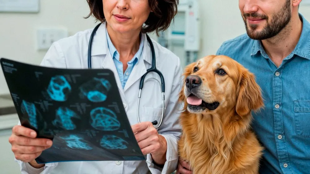 Veterinarian showing an X-ray to a golden retriever's owner