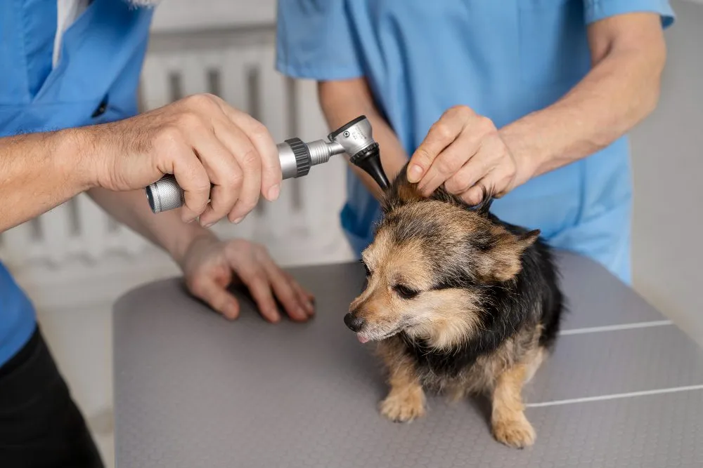 Veterinarian checking a small dog's ear with an otoscope