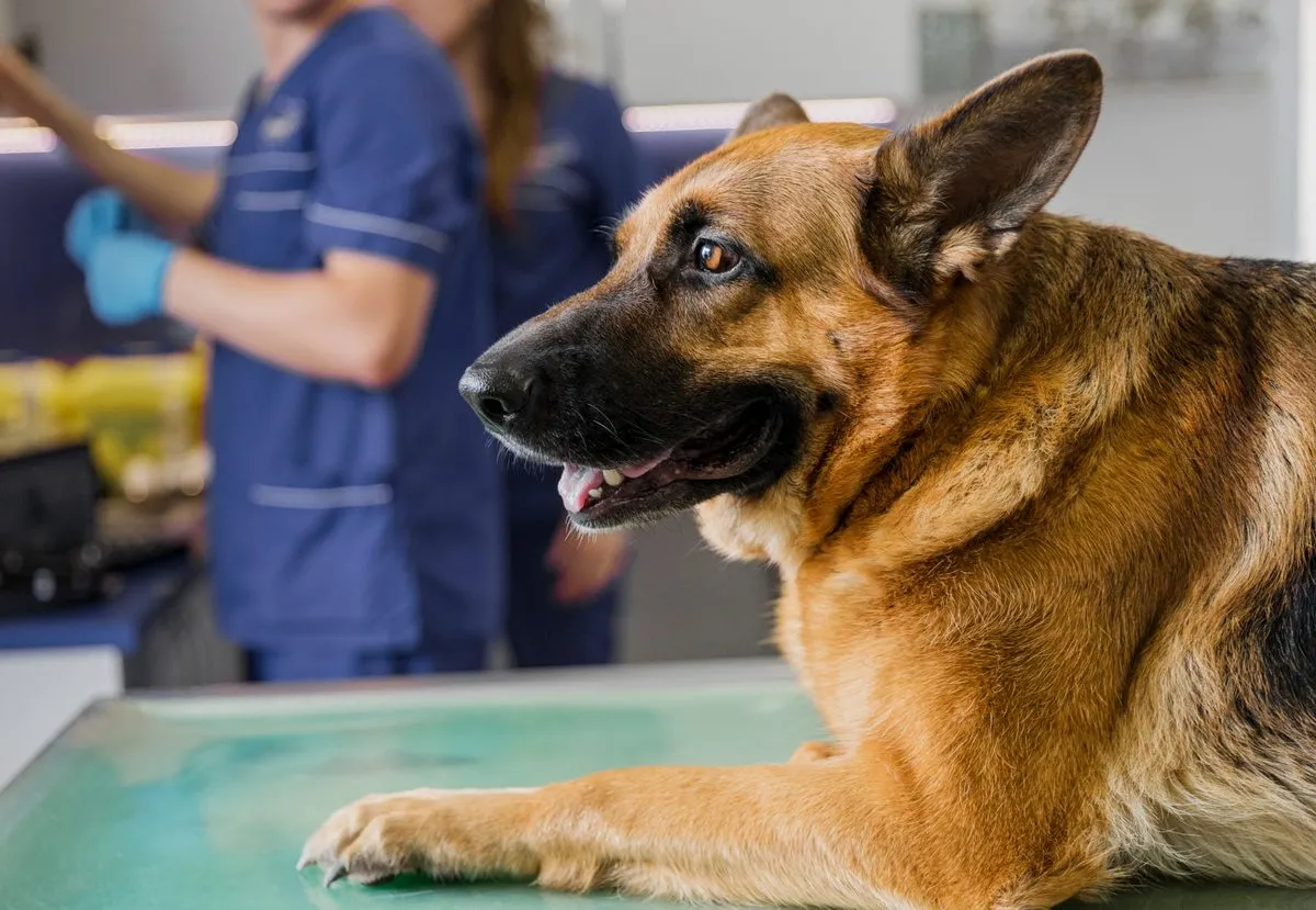 German shepherd on an exam table with veterinary staff