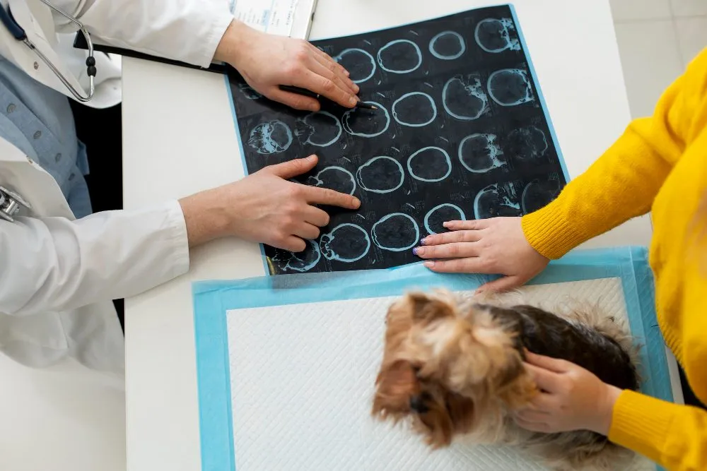 Veterinarian reviewing a dog's X-rays with its owner