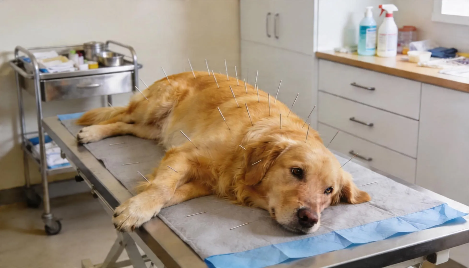 Golden retriever resting on a veterinary exam table