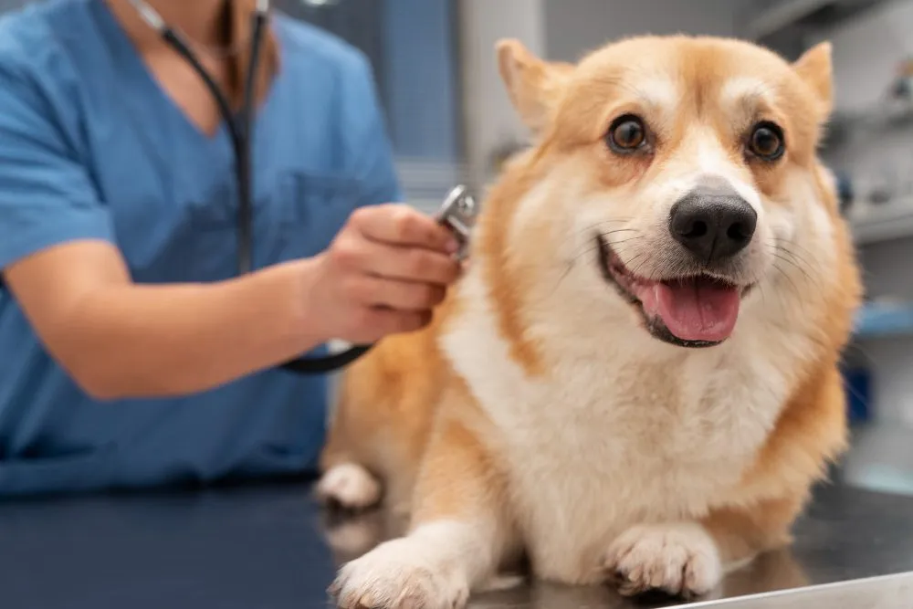 Veterinarian listening to a corgi's heart with a stethoscope
