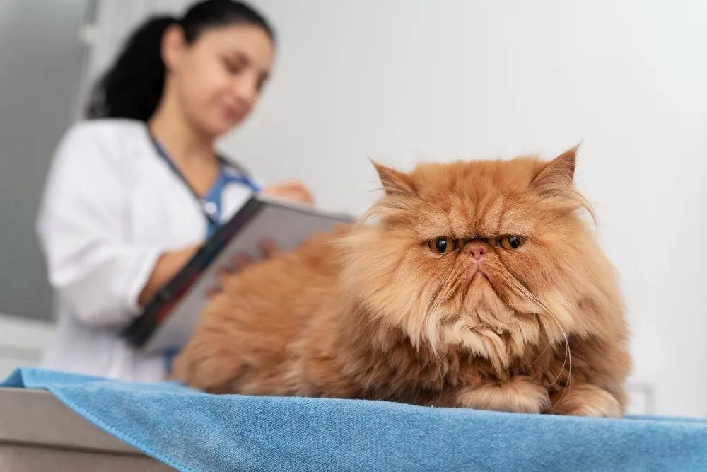 A veterinarian with a Persian cat on the exam table
