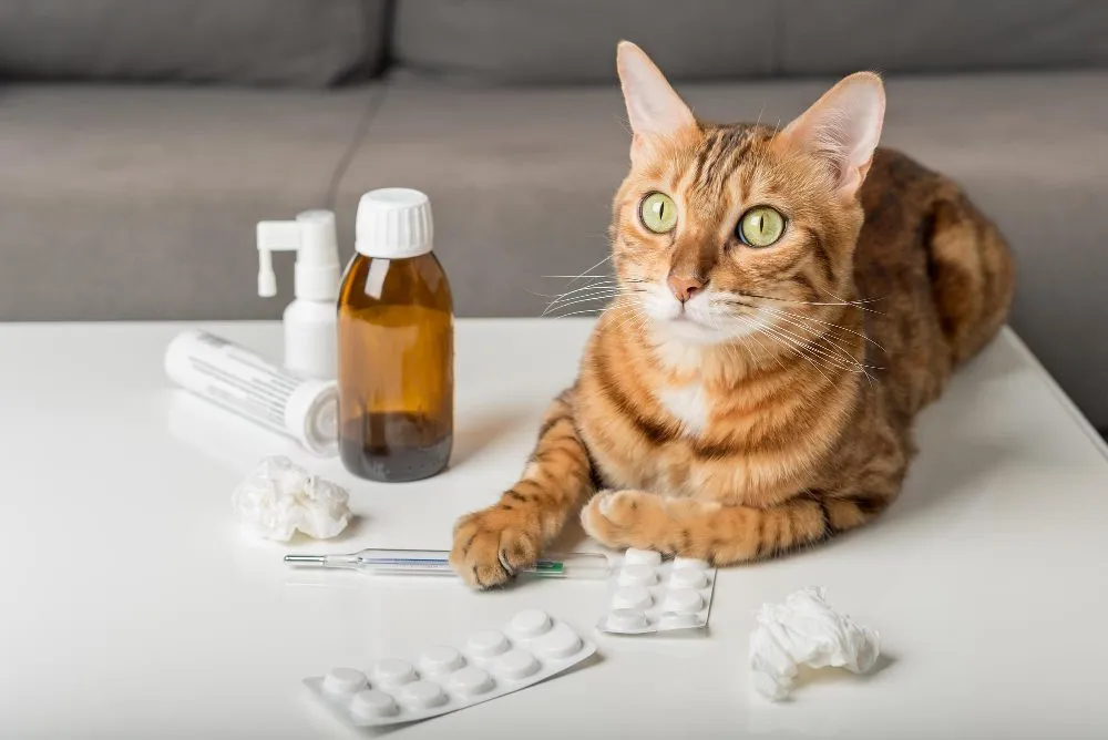 Tabby cat beside pet medications and pills