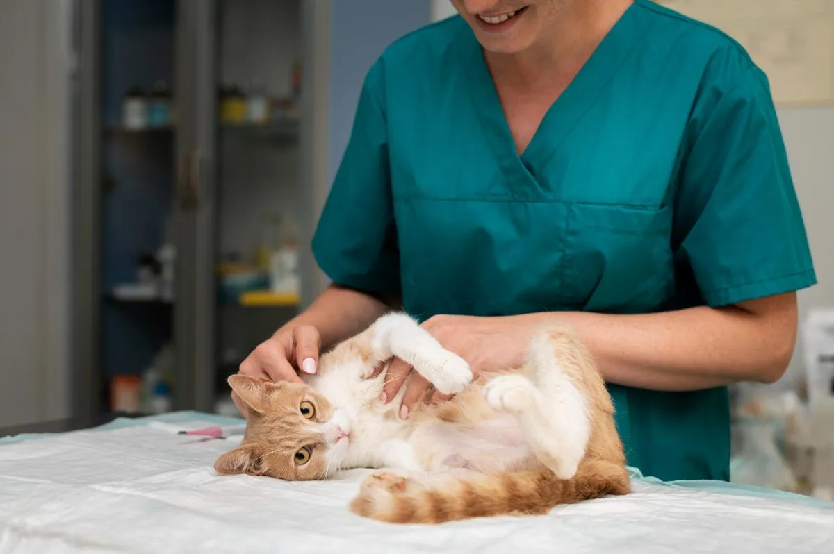 Veterinarian checking a ginger cat on an exam table