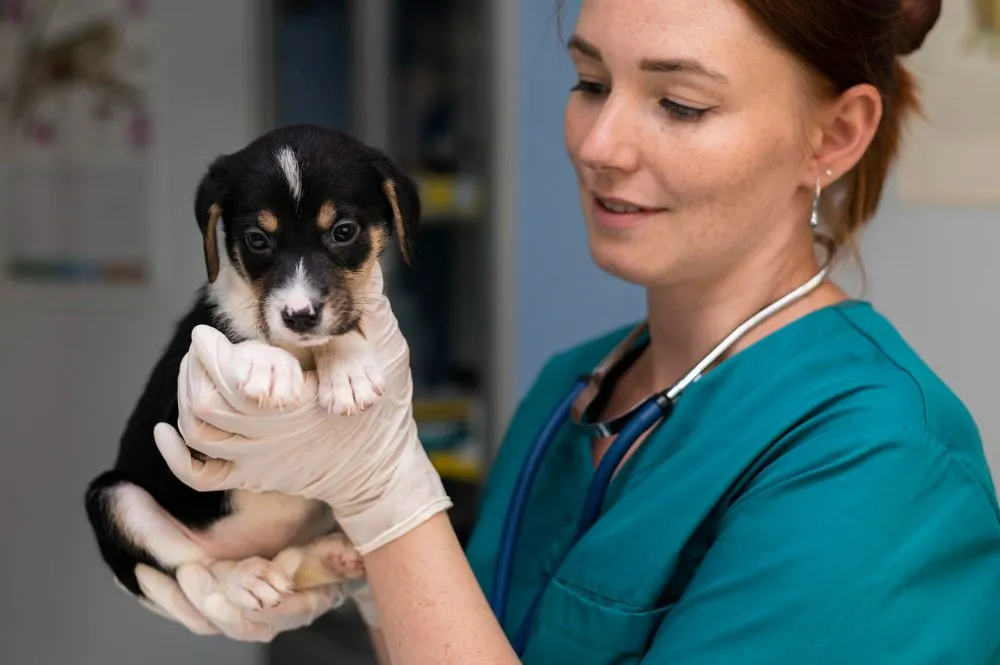 Veterinary nurse holding a puppy