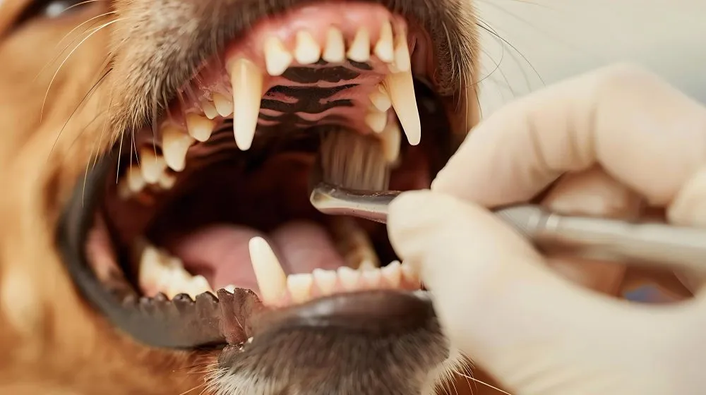 Dental tool cleaning tartar from a dog's teeth